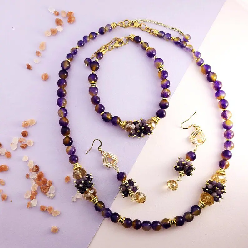 image (66) jewelry set including a beaded amethyst necklace, a matching bracelet, and a pair of earrings